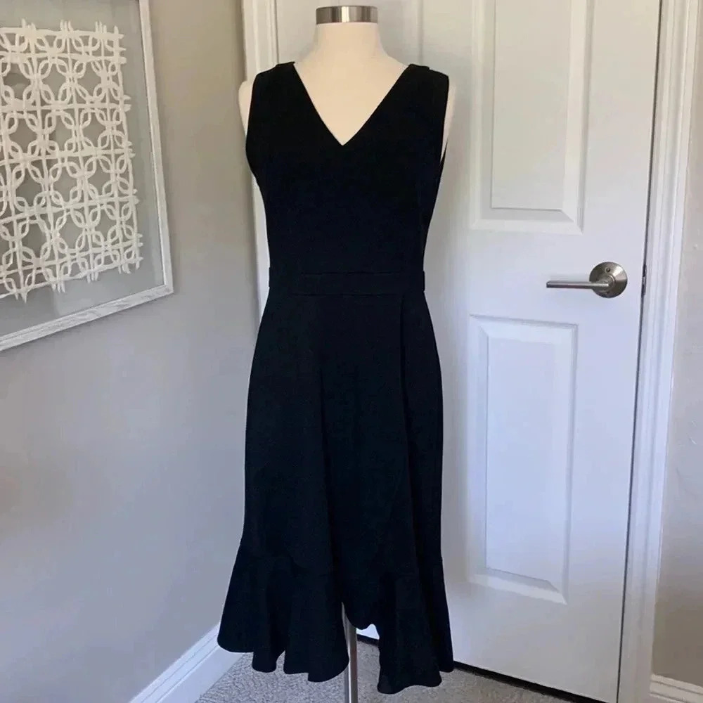 Talbots Black V-Neck Midi Dress with Flounce Hem